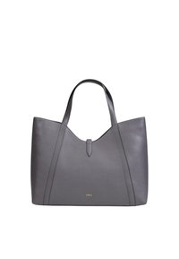 Borsa tote in pelle grigia con texture liscia, apertura ampia e doppi manici. Presenta un logo dorato sottile al centro in basso.
