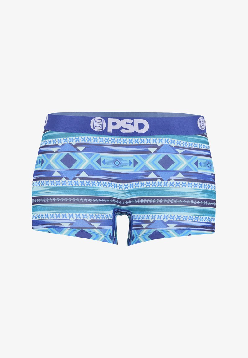 Boxer briefs pour hommes à motifs bleus avec des motifs géométriques tribaux et une ceinture élastique bleu foncé portant le logo "PSD".