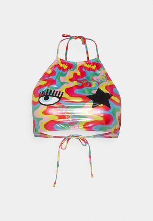 Top da bagno a halter colorato con un motivo ondulato in rosa, blu e giallo, decorato con un'illustrazione di un occhio e una stella, e con spalline regolabili tramite lacci.