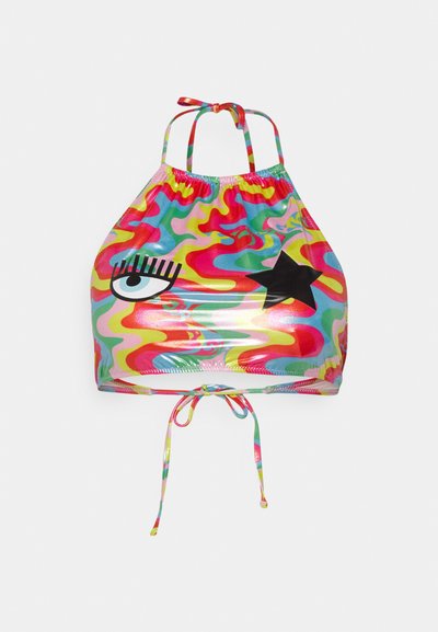 Top da bagno a halter colorato con un motivo ondulato in rosa, blu e giallo, decorato con un'illustrazione di un occhio e una stella, e con spalline regolabili tramite lacci.