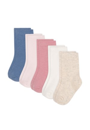 Sechs Paar Socken in Blau, Hellrosa, Rosa, Weiß und Beige. Hergestellt aus geripptem Stoff mit einer weichen Textur und subtilen Mustern.