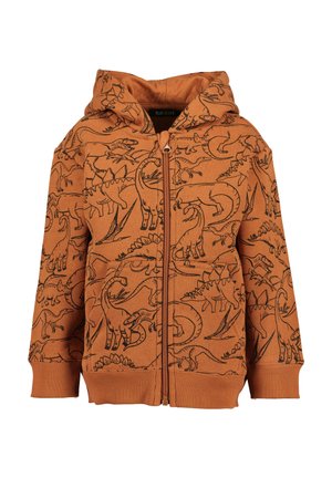 Felpa arancione con zip, decorata con illustrazioni di dinosauri neri, polsini e bordo a coste, e una comoda tasca a marsupio. Materiale in cotone morbido.