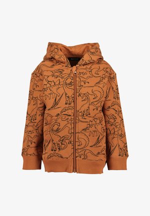 Hoodie zippé orange avec des illustrations de dinosaures noires, des cuffs et un ourlet côtelés, ainsi qu'une grande poche kangourou. Matière en coton doux.