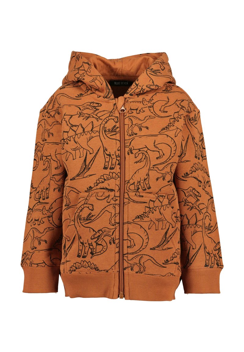 Felpa arancione con zip, decorata con illustrazioni di dinosauri neri, polsini e bordo a coste, e una comoda tasca a marsupio. Materiale in cotone morbido.
