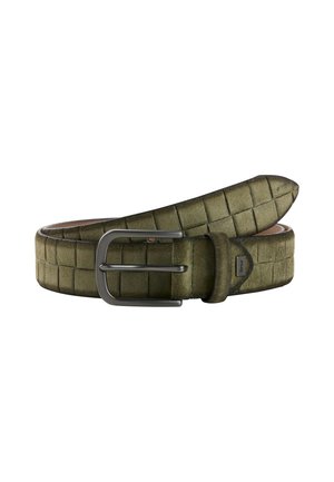 Ceinture en suede vert avec un motif en grille texturé, dotée d'une boucle en métal argenté et d'une boucle en cuir assortie, d'une largeur de 3,5 cm.
