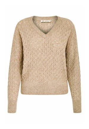 Beige knitted sweater with a V-neck, featuring a diamond-patterned texture and ribbed cuffs and hem. Soft material and relaxed fit.