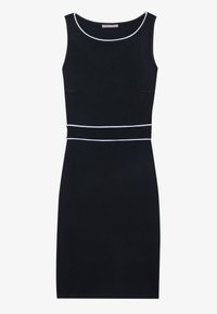 Black sleeveless dress with a round neckline, featuring white accent piping at the waist and neckline. Smooth texture, fitted design.