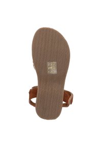 Brun sandal sål med et tekstureret, bølge mønster. Har et logo panel og justerbare stropper. Materialet ser holdbart og fleksibelt ud.
