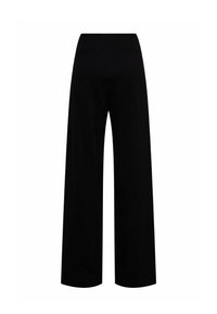 Zwarte wijde broek met een gladde textuur, hoge taille en dubbele achterzakken, ontworpen voor een relaxte pasvorm.