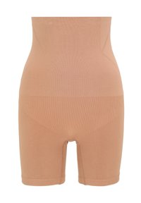 Beżowe spodenki modelujące z wysokim stanem, wykonane z elastycznego materiału, o gładkiej fakturze i bez widocznych szwów. Długość sięga do połowy uda.