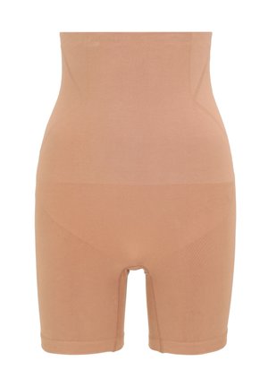 Beige corrigerende short met hoge taille, gemaakt van rekbare stof, met een gladde textuur en zonder zichtbare naden. Lengte reikt tot halverwege de dij.