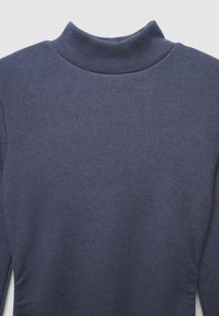 Dunkelblauer Rollkragenpullover mit weicher Textur und figurbetontem Design. Glatter Stoff mit eng anliegendem Kragen und langen Ärmeln.