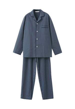 Marineblauer Langarm-Pyjama mit weißen vertikalen Streifen, Knopfleistenhemd mit Brusttasche und passenden Hosen.