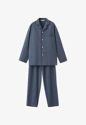 Marineblauer Langarm-Pyjama mit weißen vertikalen Streifen, Knopfleistenhemd mit Brusttasche und passenden Hosen.