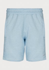 Shorts bleu clair en tissu texturé, dotés d'une taille élastique et de poches latérales. Motif à fines rayures verticales, petit logo discret.