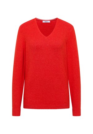 Suéter rojo de cuello en V con mangas largas, hecho de material suave. Presenta un cuello y puños acanalados, brindando un ajuste y textura cómodos.