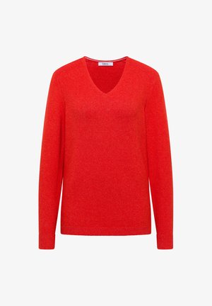 Czerwony sweter z dekoltem w serek i długim rękawem, wykonany z miękkiego materiału. Posiada prążkowany dekolt i mankiety, co zapewnia wygodne dopasowanie i fakturę.
