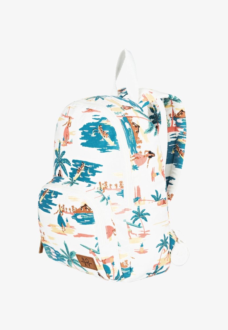 Sac à dos blanc avec imprimé coloré de plage tropicale et poche zippée frontale, avec des palmiers, des surfeurs et des scènes océaniques.