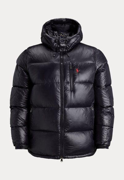 Black shiny quilted puffer jacket with hood, front zipper, zippered chest pocket, and small red logo on the left chest.