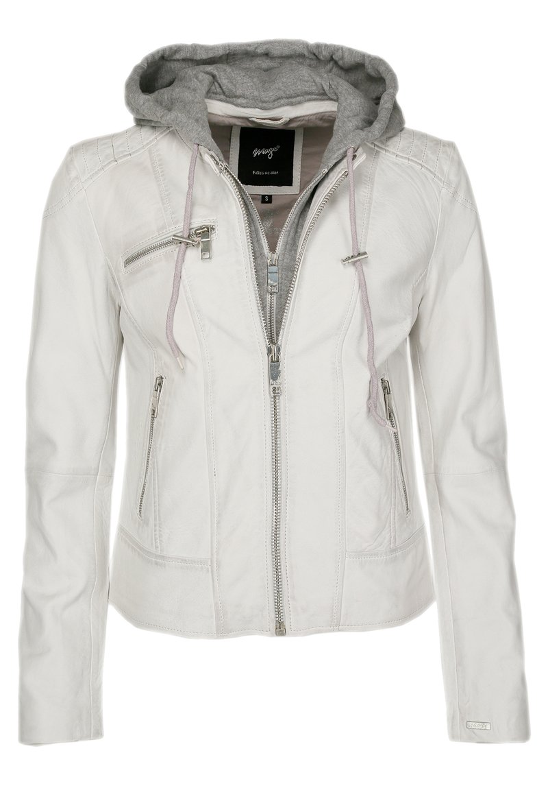 Weiße Lederjacke mit grauem Kapuzenfutter, Frontreißverschluss und zwei seitlichen Reißverschlusstaschen. Mit gesteppten Details an den Ärmeln.
