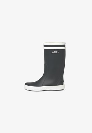 Black rubber rain boot with white accents, featuring a rounded toe, flat sole, and logo placement on the side, designed for durability and comfort.
