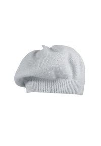 Light grey knitted beret with a soft texture, rounded shape, and ribbed band at the base. Features a small top knot detail.