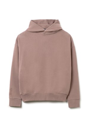 Sudadera con capucha en suave tela de color malva apagado. Presenta un corte holgado, mangas largas y un discreto detalle del logo en el puño izquierdo. Diseño minimalista.