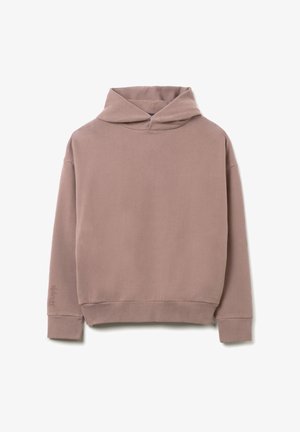 Sudadera con capucha en suave tela de color malva apagado. Presenta un corte holgado, mangas largas y un discreto detalle del logo en el puño izquierdo. Diseño minimalista.