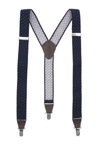 Granatowe szelki w białe kropki, wykonane z elastycznego materiału, z elementami skórzanymi i metalowymi klipsami do mocowania, o wzorze krzyżowym.