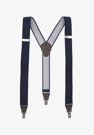 Granatowe szelki w białe kropki, wykonane z elastycznego materiału, z elementami skórzanymi i metalowymi klipsami do mocowania, o wzorze krzyżowym.