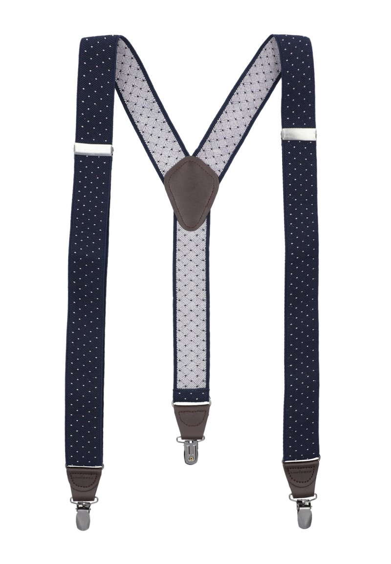 Granatowe szelki w białe kropki, wykonane z elastycznego materiału, z elementami skórzanymi i metalowymi klipsami do mocowania, o wzorze krzyżowym.