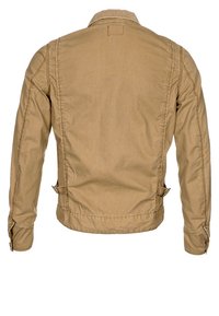 Kaki jacka med skräddarsydd passform, med krage, sidsömmar och justerbara flikar vid midjan. Tillverkad av ett texturerat tyg.