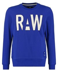Blå sweatshirt i mjukt tyg, med en stor vit "RAW" grafik på framsidan, rund hals och ribbade muddar och nederkant.