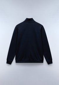 Dark navy sweatshirt with a high collar, long sleeves, ribbed cuffs, and a smooth, minimalistic design. No visible logos or patterns.