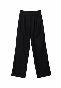 Black wide-leg trousers made from a textured material with a front button closure and pleats for added detail.