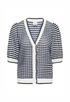 Cardigan en maille texturée bleu marine et blanc à manches courtes, col en V, boutons sur le devant, poignets et ourlet côtelés.