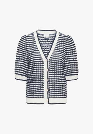 Cardigan en maille texturée bleu marine et blanc à manches courtes, col en V, boutons sur le devant, poignets et ourlet côtelés.