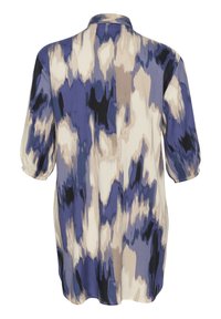Woven shirt z kołnierzykiem, półrękawami oraz abstrakcyjnym wzorem w odcieniach niebieskiego, kremowego i czarnego. Gładka tekstura tkaniny.