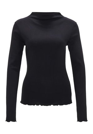 Top nero a maniche lunghe realizzato in un tessuto liscio, con un design a collo alto e un orlo smerlato. Nessun motivo visibile o dettagli metallici.