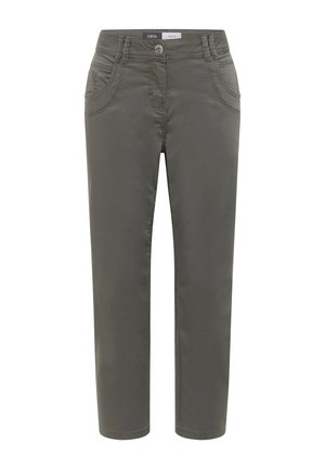Pantalon droit vert olive avec fermeture à bouton et glissière, poches avant et arrière, et passants pour ceinture.