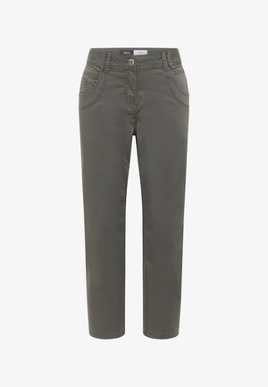 Olivově zelené kalhoty s rovnými nohavicemi, zapínáním na knoflík a zip, předními a zadními kapsami a poutky na opasek.