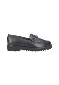 Schwarze Lederloafer mit einer abgerundeten Spitze, dekorativem Schnallen-Detail und einer robusten Gummisohle mit strukturiertem Muster.