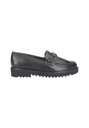 Schwarze Lederloafer mit einer abgerundeten Spitze, dekorativem Schnallen-Detail und einer robusten Gummisohle mit strukturiertem Muster.