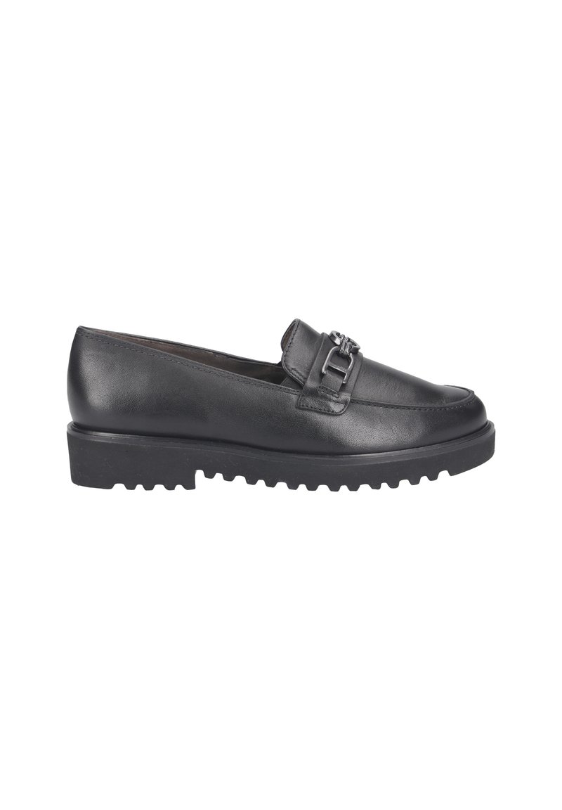 Schwarze Lederloafer mit einer abgerundeten Spitze, dekorativem Schnallen-Detail und einer robusten Gummisohle mit strukturiertem Muster.