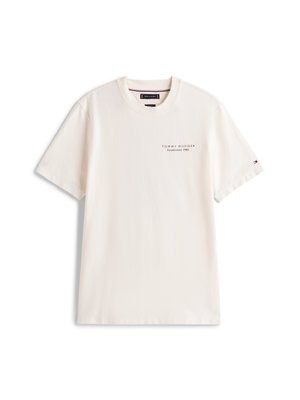 Crème-kleurige katoen t-shirt met een ronde hals, korte mouwen en een klein bedrukt logo op de linkerkant van de borst. Inclusief contrasterende mouwaccenten.