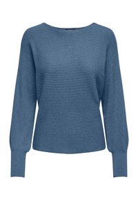 Pull bleu côtelé avec un large col, des manches longues et des poignets ajustés. Confectionné dans un matériau tricoté doux avec des rayures horizontales.