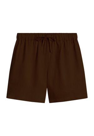 Brune knelang shorts med elastisk midje og snor til justering, glatt front og rette benåpninger.