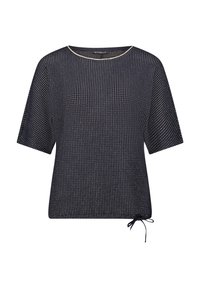 Haut en maille bleu marine à manches courtes avec des rayures verticales métalliques et un petit nœud à cordon décoratif à l'ourlet inférieur.