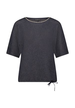 Haut en maille bleu marine à manches courtes avec des rayures verticales métalliques et un petit nœud à cordon décoratif à l'ourlet inférieur.