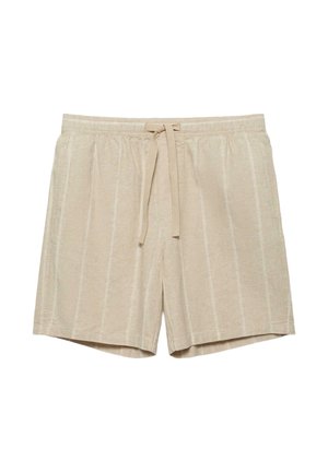 Beige legere Shorts mit weißen vertikalen Streifen, elastischem Bund und vorderer Kordelzugschleife, flach ausgelegt.